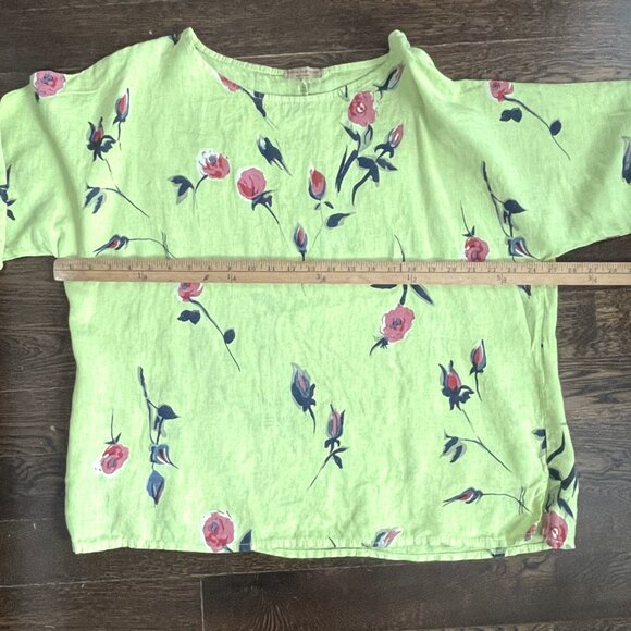 Lime Green Floral 100% Linen Tunic Top Blouse-Made in Italy-Size Large - Picture 6 of 8